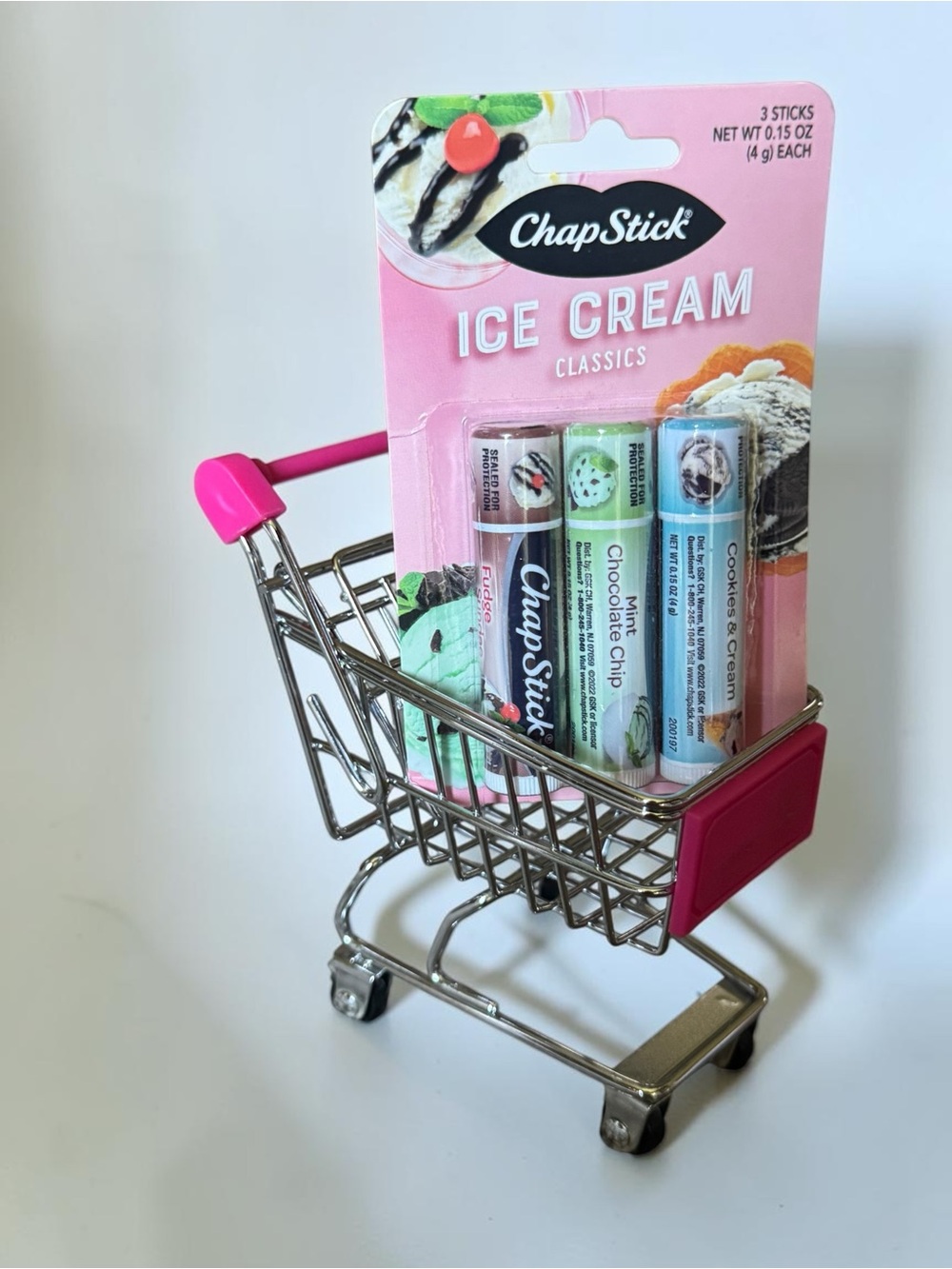 Chap Stick Ice Cream Classics Lip Balm 3-Pack with Mini Shopping Cart NEW